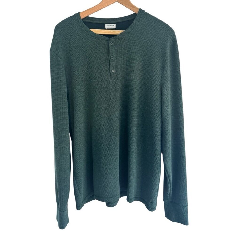Tommy John Men's Sz L Green Waffle Loungewear Henley Long Sleeve Shirt